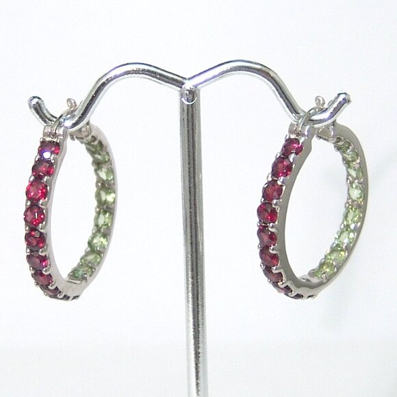 Sterling Silver Rhodolite Garnet Peridot Hoop Earrings 1" Rhodium Anti Tarnish - Picture 5 of 5